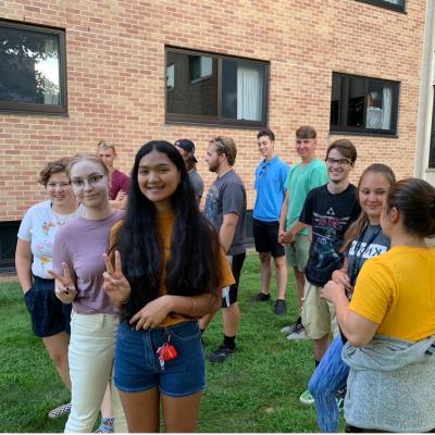 Honors LLC students gathering in Bridgman Hall's backyard